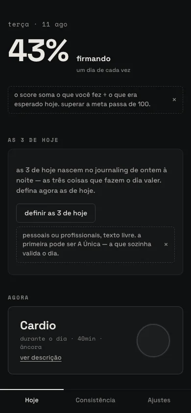 Print real da tela Hoje: score do dia 43%, bloco As 3 de hoje e o card Agora com o próximo hábito.