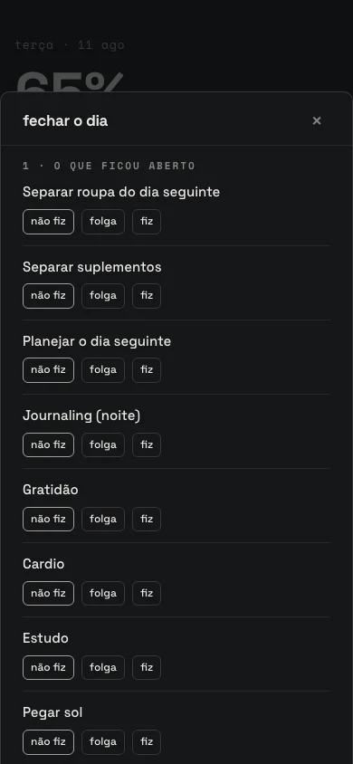 Print real do fechamento do dia: varredura do que ficou aberto com opções não fiz, folga e fiz.